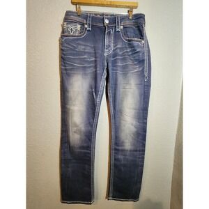 Rock Revival Mens Dan Denim Jeans 34x34 Gray Straight Leg Embroidered Pockets